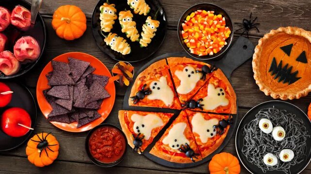 Fun Halloween dinner party table scene over a dark wood background. Top view. Slow rotating zoom motion. Pizza, jack o lantern pumpkin pie, candy apples, eyeball spaghetti, snacks and spooky punch. 