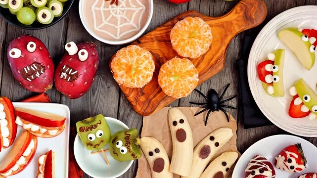 Healthy Halloween fruit snacks. Top view table scene over a rustic wood background. Slow rotating zoom motion. Selection of fun, spooky treats.