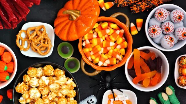 Halloween candy buffet table scene over a black stone background. Above view. Slow rotating zoom motion. Assortment of sweet, spooky treats.