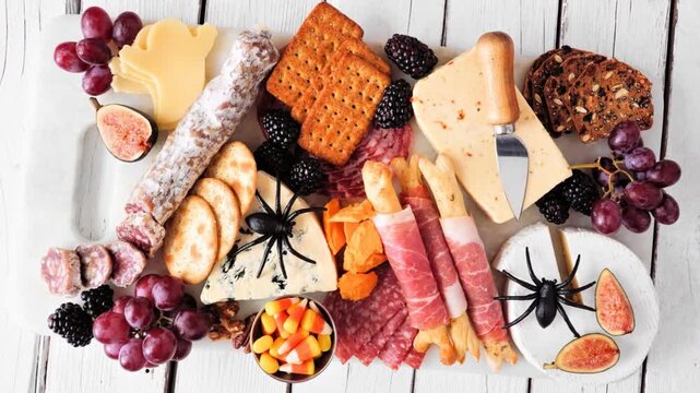 Halloween theme charcuterie board. Overhead view against a white wood background. Slow rotating zoom motion. Assorted cheese and meat appetizers.