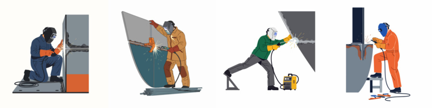 Set of illustrations depicting professional welders in protective gear performing various industrial metal welding tasks in different positions and environments.