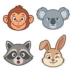 Fototapeta premium Cute Cartoon Animal Face Emojis Set: Monkey, Koala, Raccoon, and Rabbit