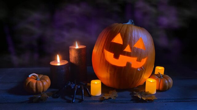 Halloween night scene with glowing jack o lantern, flickering candles, pumpkins and spiders on a spooky dark background with spooky rolling fog.
