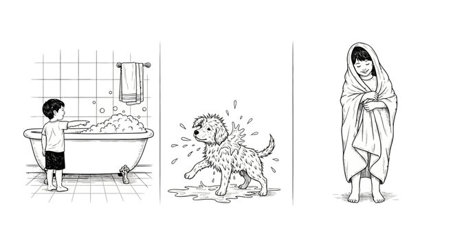 Child and Puppy Bath Time Sketch Illustration