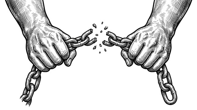 Powerful vintage black engraving of human hands breaking heavy iron chains, symbolic vector illustration of freedom and liberation, woodcut style emblem for tattoo sketch and graphic print.
