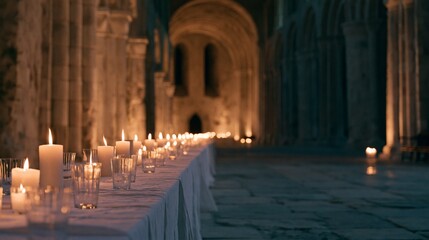 Obraz premium White Tablecloth and Candle Run with Copy Space