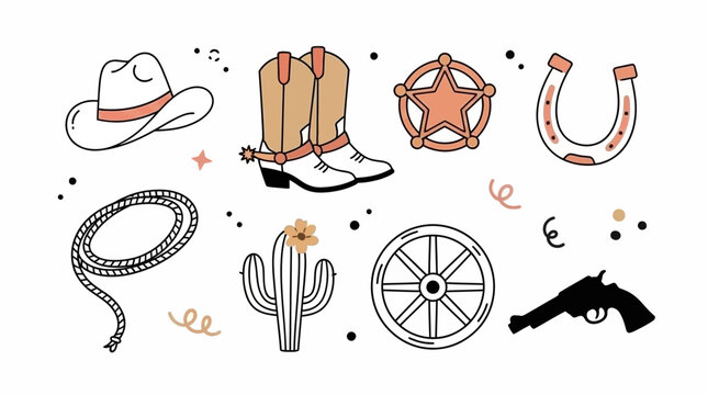 Authentic western frontier cowboy doodle icon set horse saddle pistol revolver and tumbleweed element in a minimalist black ink drawing vector on white background