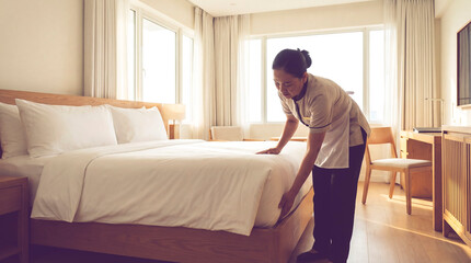 Obraz premium Professional hotel housekeeper tidying white bedding in a sunlit luxury suite