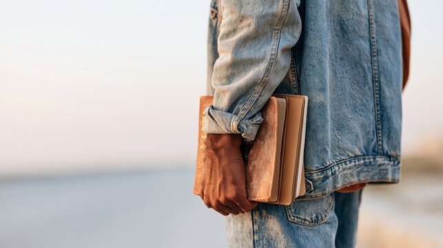 Hand Carrying Worn Bible and Notebook