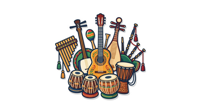 Grouping of ethnic percussion and string musical instruments.