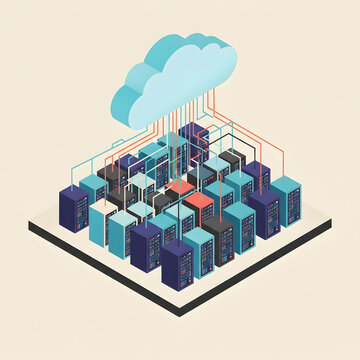 Blue cloud icon with vertical server racks and network cables, ideal for illustrating data center, server management, and cloud computing concepts.