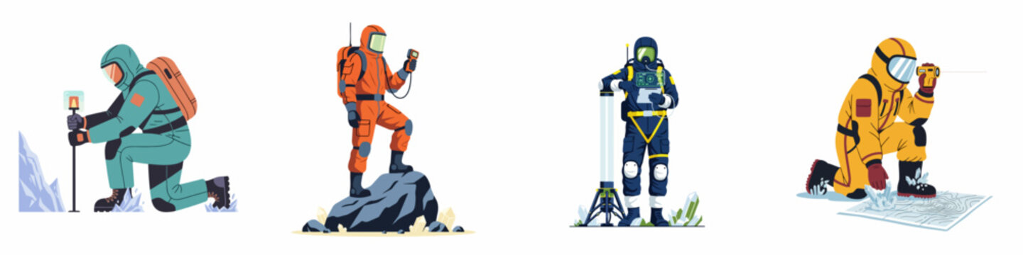 Set of vector illustrations featuring scientists in colorful protective suits exploring minerals, using advanced technology, and conducting field research.