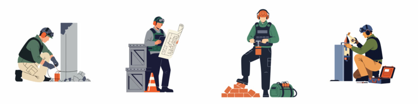 Set of professional sapper and demolition expert illustrations showing planting explosives, reviewing plans, detonating charges, and working with specialized equipment.