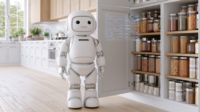 Humanoid robot scans food supplies in a Scandinavian kitchen with a smart inventory management system Generative AI