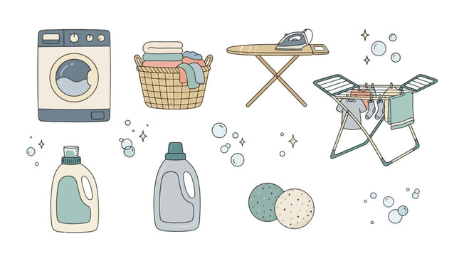 Collection of hand drawn laundry care icons and household cleaning symbols including washing machine, steam iron, detergent bottle, and clothes pegs in a naive minimalist vector doodle style.