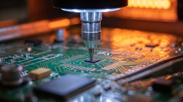 Makroaufnahme einer automatisierten SMD-Best&uuml;ckungsmaschine, die einen Mikrochip pr&auml;zise auf einer gr&uuml;nen Leiterplatte (PCB) platziert