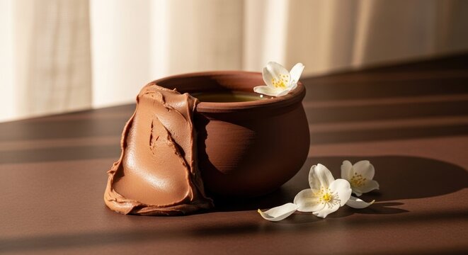 Clay pot with cosmetic mud and jasmine flowers