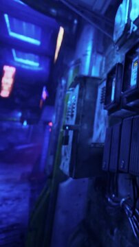 Wires and electric panels are seen on a wall in a cyberpunk environment. Neon lights glow in the background, creating a night scene in a futuristic city area.