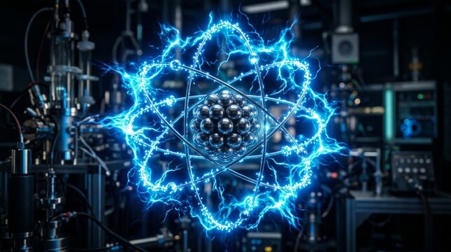 Atomic Energy Surge: A visualization of atomic energy with electrons orbiting a nucleus, crackling with vibrant blue lightning bolts, set within a laboratory environment.