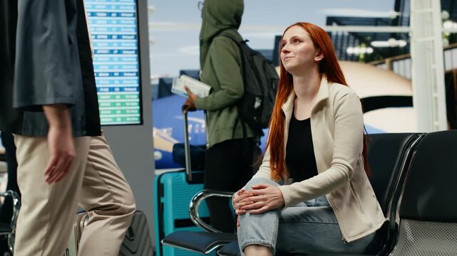 A young couple shares a farewell in an airport lounge as the boyfriend leaves for relocation abroad, capturing love, sorrow and bittersweet separation before departure from the terminal.