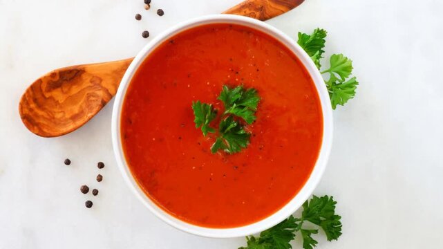Homemade tomato soup. Top view, table scene on a bright marble background. Slow rotating zoom motion.
