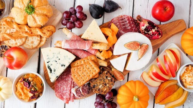 Autumn theme charcuterie table scene against a white wood background. Overhead view. Slow rotating zoom motion.