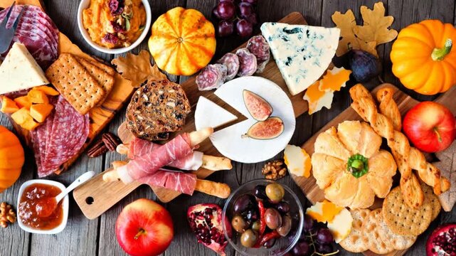 Fall theme charcuterie table scene against a dark wood background. Top down view. Slow rotating zoom motion.