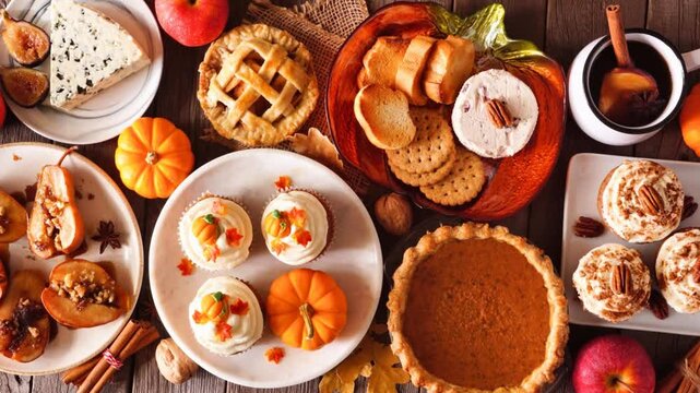 Autumn food table scene. Selection of pies, appetizers and desserts. Above view over a dark wood background. Slow rotating zoom motion.