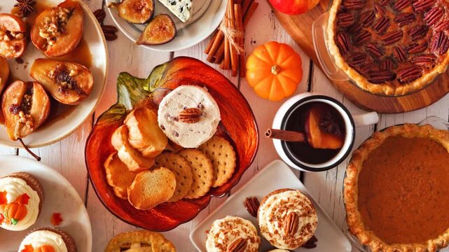 Autumn food table scene. Selection of pies, appetizers and desserts. Top view over a white wood background. Slow rotating zoom motion.