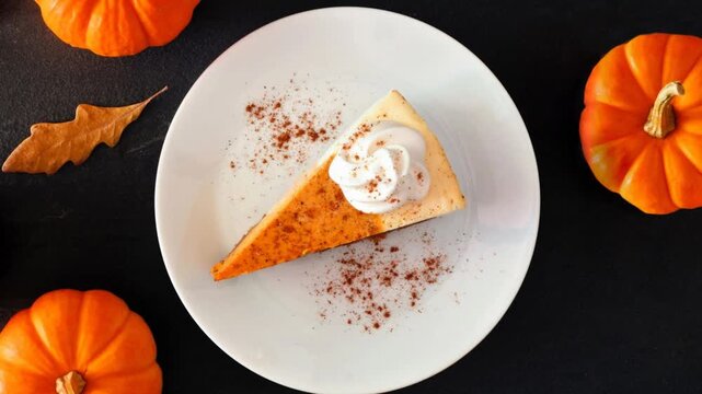 Slice of pumpkin cheesecake with whipped cream. Overhead table scene with a black background. Slow rotating zoom motion.