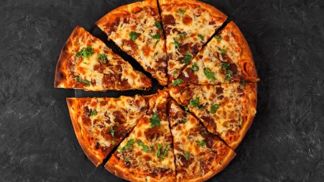 Fall pizza with pumpkin sauce, gouda and caramelized onions. Overhead view on a dark background. Slow rotating zoom motion.