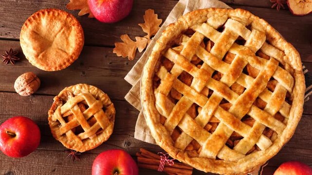 Homemade autumn apple pies, top view table scene with a rustic wood background. Slow rotating zoom motion.