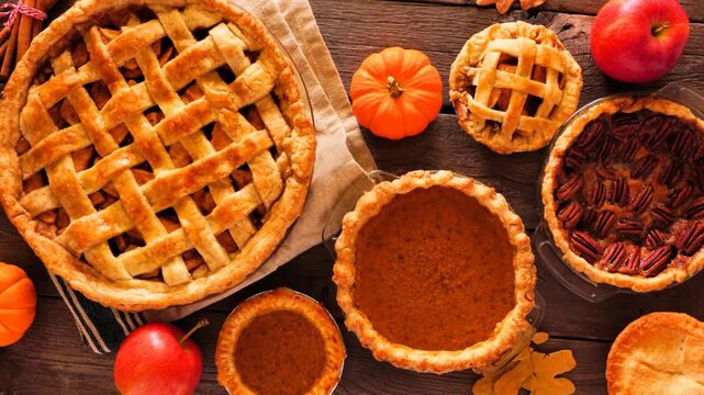 Homemade autumn pies. Apple, pumpkin and pecan. Top view table scene on a rustic wood background. Slow rotating zoom motion.