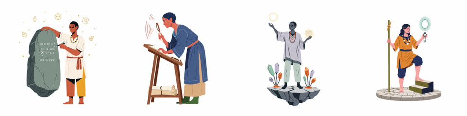 Fototapeta premium Set of Ancient Mystic Scholars and Magical Characters Carving Stones, Reading Scrolls, and Performing Rituals in a Fantasy World Illustration.
