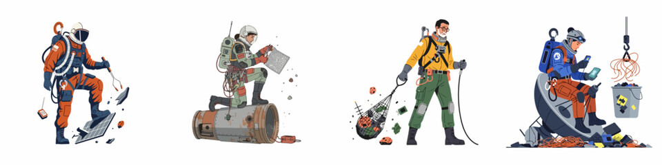 Flat design illustration set of astronauts and workers collecting and recycling space debris, showcasing orbital waste management and sustainability concepts. © Rizki