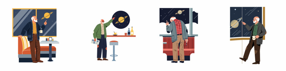 Flat vector illustrations of an elderly man observing the planet Saturn from a retro diner or cafe setting, set of four scenes. © Rizki
