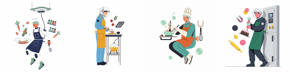 Collection of illustrations featuring futuristic chefs and astronauts preparing food in zero-gravity and high-tech space environments. © Rizki