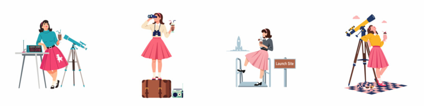 Set of flat illustrations of a retro-style woman in the 1950s observing a rocket launch with a telescope, binoculars, and milkshakes.