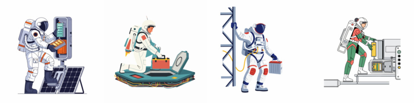 Set of vector illustrations showing astronauts in spacesuits performing technical maintenance, repairs, and installations on space station equipment and lunar bases.