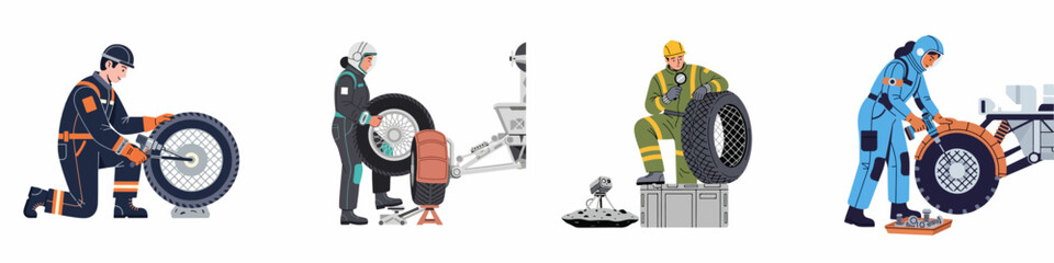 Flat illustration set featuring diverse mechanics and astronauts performing maintenance and tire changes on various vehicles in futuristic and professional settings. © Rizki