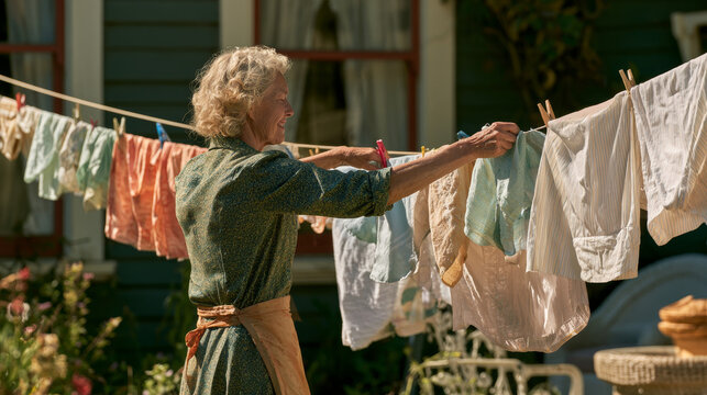 Woman Hanging Laundry on Outdoor Clothesline at Home on Sunny Day
