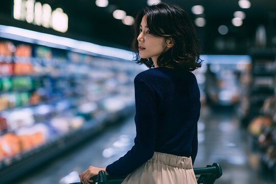 Asian woman shopping in grocery store, young female customer with trolley in supermarket aisle, urban lifestyle retail scene