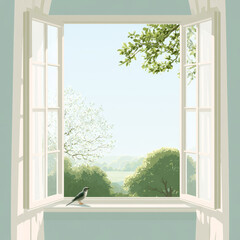 Fototapeta premium Open Window with Curtains and Spring Landscape, Pastel Vector Illustration with Copy Space