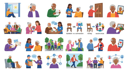 Fototapeta premium Vector icons illustrating elderly care combating senior isolation and promoting social connection through volunteering technology community support and mental health awareness.