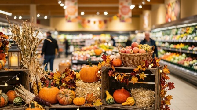Festive autumn decoration display in a modern supermarket aisle featuring pumpkins, hay, corn stalks, and seasonal fruits for fall sale promotion.