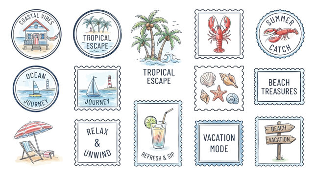 Artistic handdrawn summer beach stamps and decorative frames featuring cute coastal vacation elements like seashells, palm trees, sunshine, and nautical icons for seasonal graphic design.