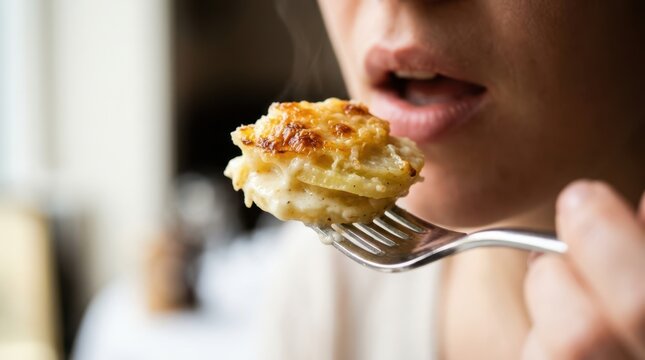 Woman bringing a bite of creamy baked potato gratin on a silver fork to her mouth for tasting.