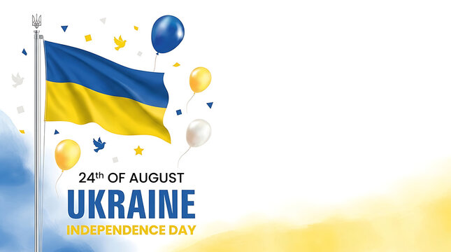 Ukraine flag for independence day August 24 Ukrainian national celebration on a patriotic banner with balloons and Tryzub symbol