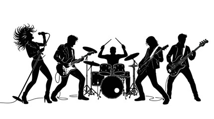 Obraz premium Rock band silhouettes performing on stage. Musical group playing guitar and drums vector.