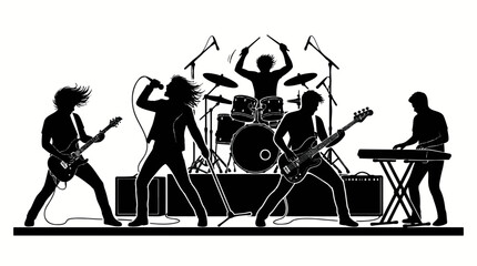 Obraz premium Rock band performing on stage. Musicians playing instruments in a live concert silhouette.